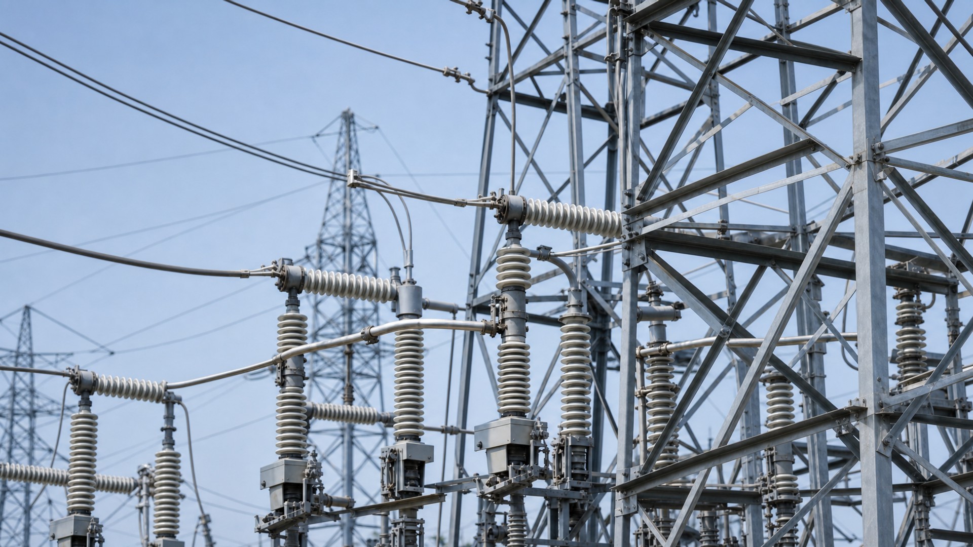 Close-up of electrical transmission equipment and high-voltage grid infrastructure
