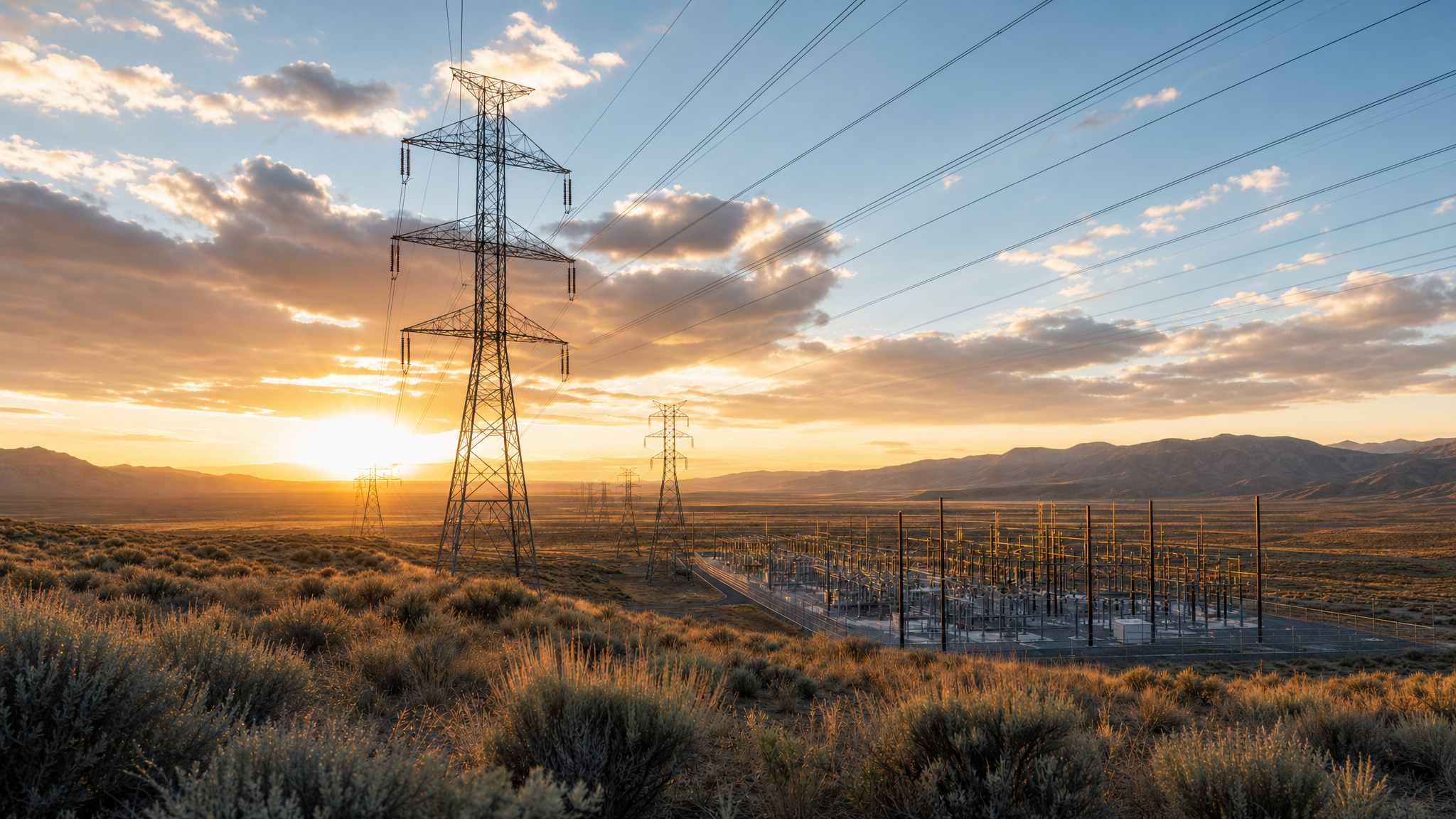 High-voltage transmission towers and a modern electrical substation at sunset